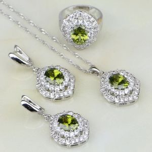 Collier en argent Sterling 925 avec zircone cubique vert olive et blanc, ensembles de bijoux pour femmes, boucles d'oreilles/pendentif/collier/bague de mariage