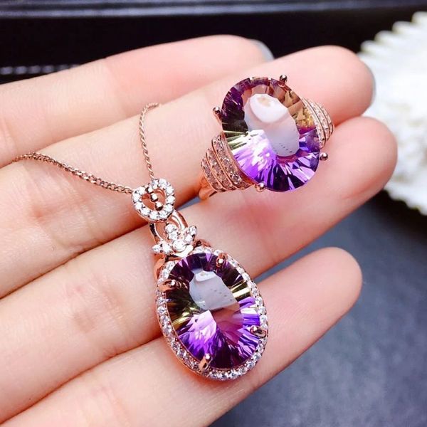 Collier violet cristal améthyste citrine agate zircon diamants pierres précieuses pendentif colliers bagues couleur or rose ensembles de bijoux pour femmes