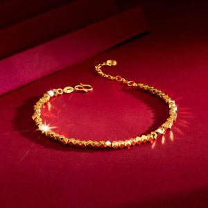 Collar Pulsera de cadena de oro real de 18 quilates para mujer Cadena de cuentas láser de moda ajustable pura para mujer Regalo de joyería fina
