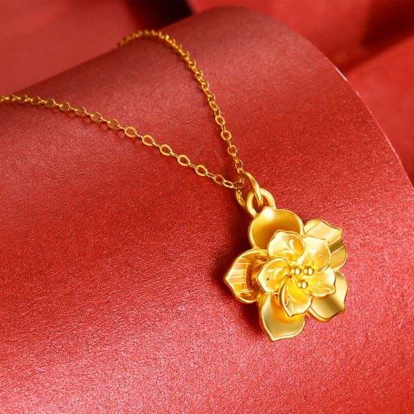 Collier Real 18K Gold Color Golden Peony Flower Pendant Collier Solide tendance Solide 999 Chaîne de couleurs pour femmes Cadeaux de bijoux fins