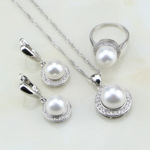 Collier rond en argent 925, ensemble de bijoux en perles blanches, zircone cubique, boucles d'oreilles/bague/pendentif/collier, chaîne, cadeau pour femmes