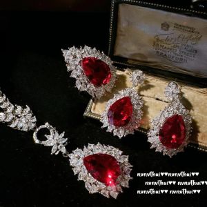Collier S925 plaqué argent ensemble de bijoux dames étincelant AAA Zircon rouge cristal mariage bague de mariée boucle d'oreille collier Banquet bijoux cadeau