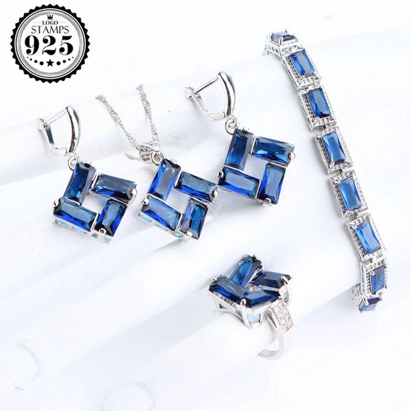 Collier Sier ensembles de bijoux de mariage boucles d'oreilles en pierre de mariée pour femmes bijoux de Costume bleu Zircon Bracelet bague pendentif collier ensemble