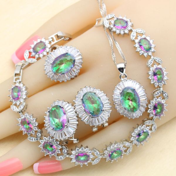 Collar de plata 925, conjuntos de joyas nupciales para mujer, collar de cristal de arcoíris multicolor, pulseras colgantes, pendientes, anillos, caja de regalo gratis