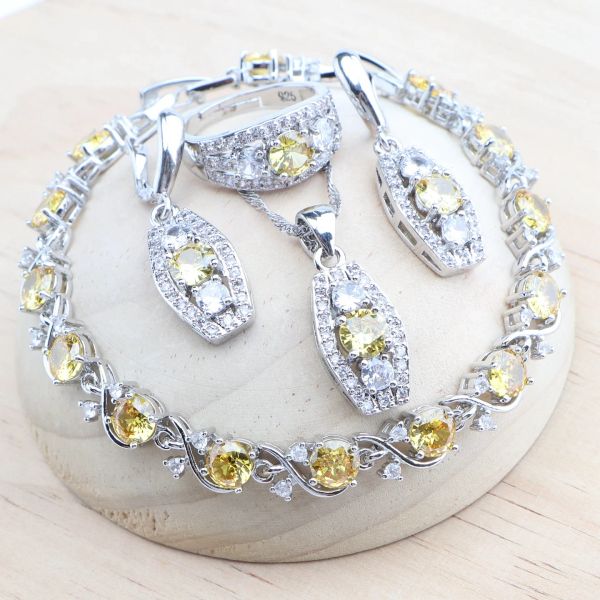 Collier en argent 925 jaune Zircon, ensembles de bijoux de mariée pour femmes, pierres de mariage, Bracelets, boucles d'oreilles, bagues, pendentif, ensemble de colliers