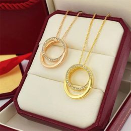 collier femme classique titane acier or argent lettres deux cercle cadeau petite amie mariage incrusté de diamants bijoux de luxe ne se décolore pas