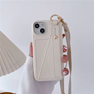 Collar Muñequera Lychee Pattern Vogue Funda para teléfono para iPhone 14 13 12 11 Pro Max Samsung Galaxy S23 Ultra S22 5G A54 Cordón ajustable Ranura para tarjeta Cartera de cuero Shell