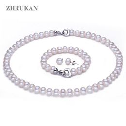 Collier ZHRUKAN naturel perle d'eau douce ensembles de bijoux 925 en argent Sterling collier de perles boucles d'oreilles Bracelet pour les femmes cadeau de mode