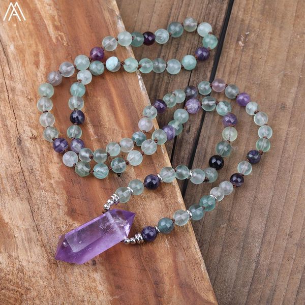 Colliers 108 perles Mala naturel arc-en-ciel Fluorite pierre Yoga collier améthystes Quartz Point pendentif noué collier pour les femmes N0245AM