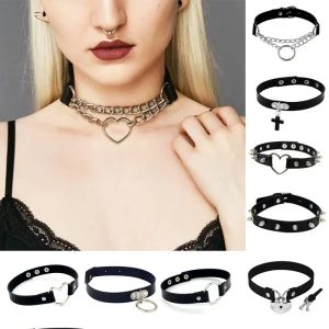 Colliers 1PC Punk Rock Gothic PU Collier en cuir coeur Round Spike Rivet Collier Collier de chaîne de cou clouté 100% Bijoux de corps fait à la main