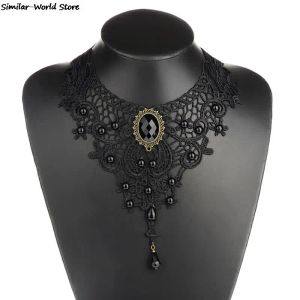 Kettingen 1PCNew Hot Women Black Lace kralen Choker Victoriaanse steampunk -stijl Gotische kraag ketting Mooi cadeau voor vrouwen