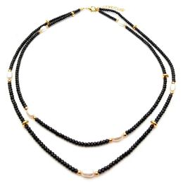 Kettingen 2 rijen Natuurlijke Echte gefacetteerde Rondelle zwarte onyx Gekweekte witte zoetwaterparel choker Ketting 17" voor vrouwen