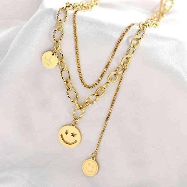 Colliers 2021 HipHop Punk Bijoux de mode pour femmes en acier inoxydable multicouche chaîne épaisse Smiley visage pendentif collier