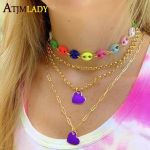 Kettingen 2021 Nieuwe Aankomst Neon Iced Out Mode Emaille Regenboog Kleurrijke Koffie Kralen Charm Link Chain Voor Vrouwen Choker Ketting sieraden