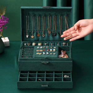 Kettingen 2021 Nieuwe juwelenbox 3lagen Green Stud Organizer Grote ring ketting make -up houder kast fluwelen sieradendoos met slot voor vrouwen