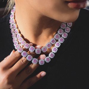 Collares 2022 Recién llegado Pink Pinky Girl Joyería de mujer Iced Out Bling Square 5A Cubic Zirconia CZ Cluster Pink White Tennis Necklace