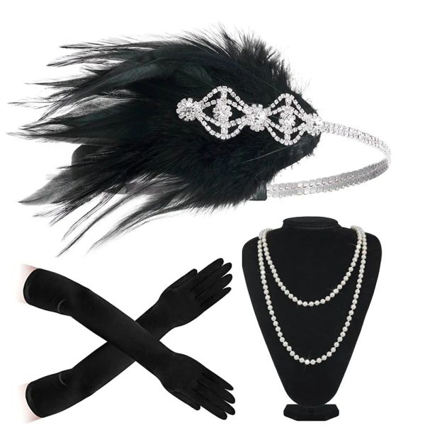 Collares Disfraz de Fiesta del Gran Gatsby de los Años 20 Diadema Flapper Collar de Perlas Guante Tocado del Gran Gatsby de los años 20 Conjunto de Accesorios para Mujer