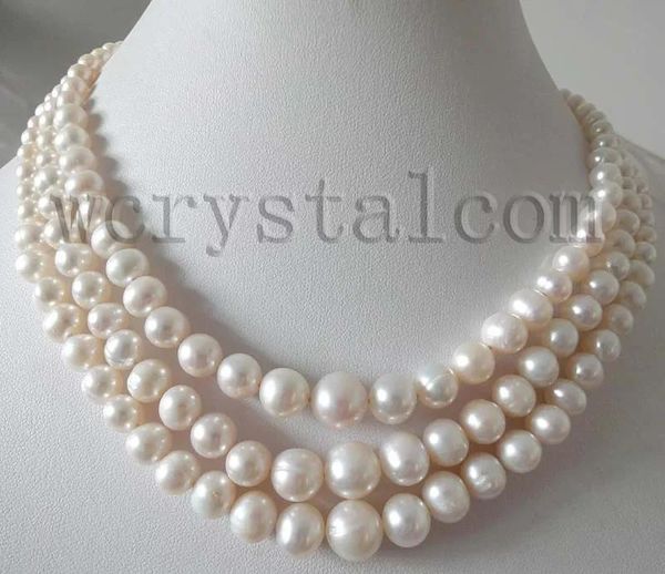 Colliers 3 rangées graduées blanc naturel perles de culture d'eau douce collier de perles pour les femmes 2015