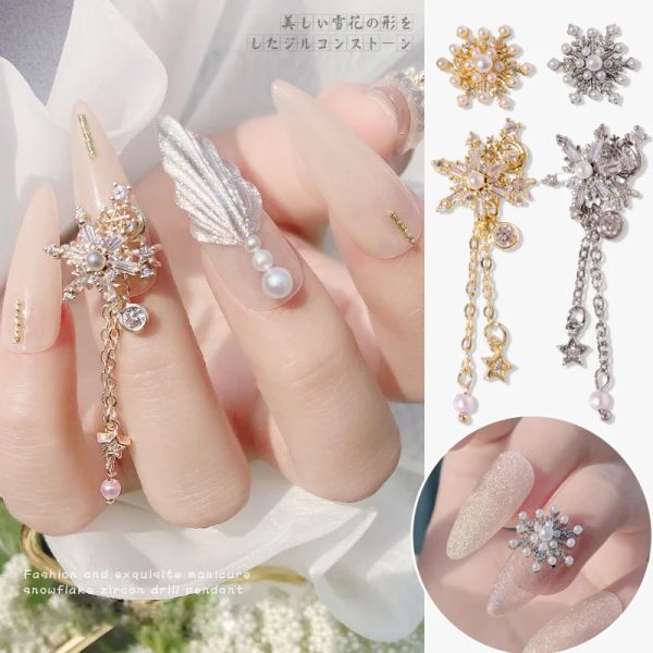 Collares 5 uds/10 Uds Navidad nuevo diseño Nail Art 3d Metal copo de nieve circón diamante perla colgante joyería de belleza de uñas