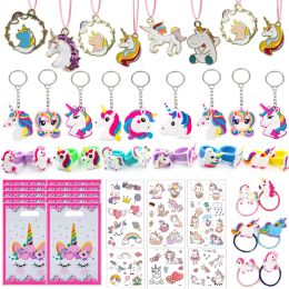 Colliers 72 pièces licorne fête faveurs Pinata remplissage enfants cadeaux d'anniversaire licorne collier Bracelet anneau porte-clés autocollants fournitures de noël