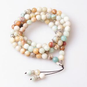 Colliers 8 mm Amazonite Perles naturelles avec charme en alliage Forme 99 Perles de prière Long Collier Rosaire Yoga pour femmes