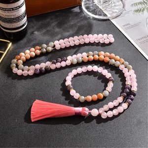 Kettingen 8mm Amethist Zon Steen Rozenkwarts Kralen Ketting Set Meditatie Yoga Sieraden 108 Japa Mala Vrouwen Charm Kwastje Rozenkrans