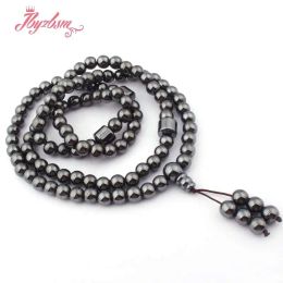 Colliers 8 mm Hématite ronde noire favorise la circulation sanguine des perles de pierre naturelles Tibetan Pyayer Mala Buddish 108 Perles de prière Collier 31 "