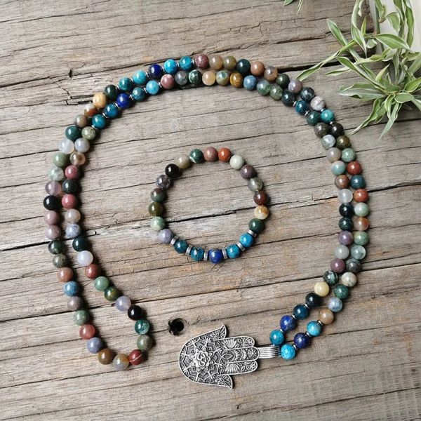 Colliers 8 mm Indian Onyx Mala Perles, collier de mala apatite, charmant pendentif de lotus, bijoux de méditation, mala unisexe, cadeau de yoga, 108 perles de mala