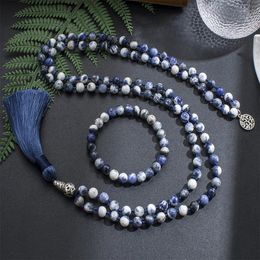 Colliers 8mm fleur naturelle bleu Sodalite perlé noué Mala collier 108Japamala méditation Yoga esprit bijoux hommes et femmes chapelet