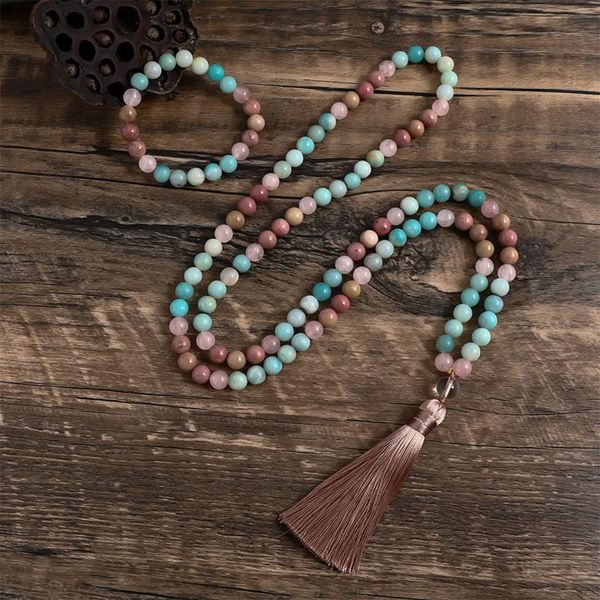 Collares Collar de borla ite de rodolita natural y cuarzo rosa de 8 mm, 108 cuentas Japa Mala, joyería para mujer, conjuntos de yoga y meditación