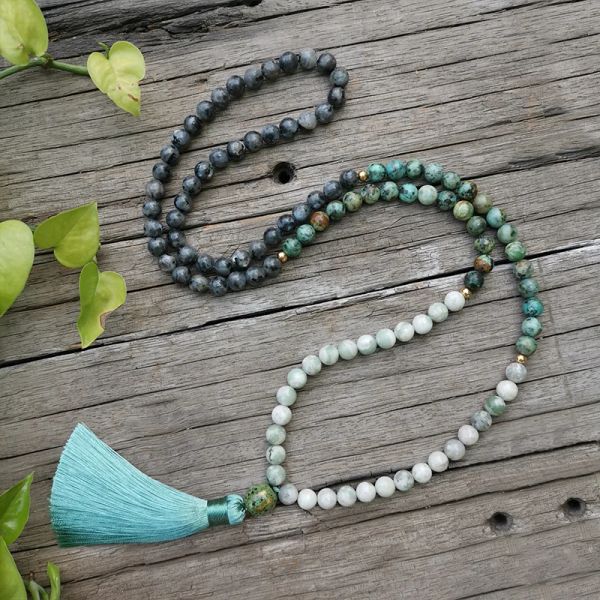 Collares Cuentas de piedra natural de 8 mm, turquesa africana, jade de la suerte, positivo, conjunto JapaMala, joyería espiritual, meditación Lotus Mala, 108 cuentas Mala