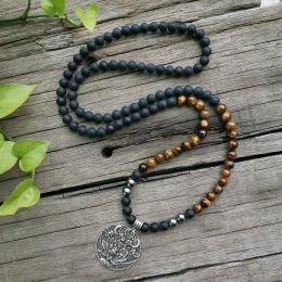 Colliers 8 mm Perles en pierre naturelle, onyx noir mat, œil tigrers, guérison, ensembles de japamala, bijoux spirituels, méditation, inspiration, 108 perles de mala