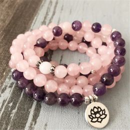 Colliers 8MM Quartz Rose Améthyste Pierres Précieuses 108 Perles Mala Bracelet Nature Grade Manchette Bracelet Bless Poignet prier Spiritualité Chakras