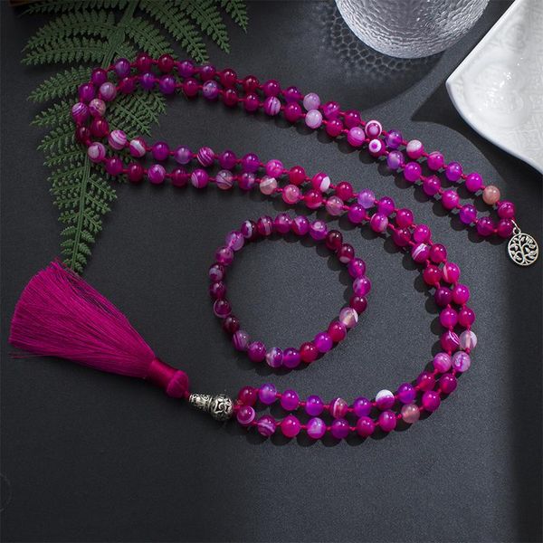 Colliers 8mm Rose Rouge Rayé Agate Mala Collier 108 Japamala Perlé Noué Méditation Yoga Vie Spirituelle Arbre Femme Bijoux Ensembles