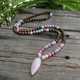 Colliers Collier de perles JaPaMala en œil de tigre et rhodochrosite de 8 mm, collier long, 108 perles Mala, bijoux Mala, bijoux de prière pour cours de yoga