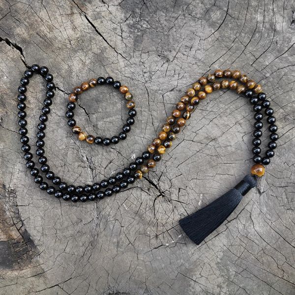 Colliers 8 mm Tigers Eye, Black Onyx Japa Mala Set, protecteur, méditation Mala, Namaste Yoga Bijoux, Bouddhist Mala Prayer Perle, 108 Perles de mala