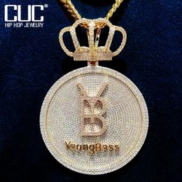 Colliers 8x8cm personnalisé grande carte ronde lettre nom pendentif pour hommes hip hop rappeur collier solide dos cubique zircone faire numéro bijoux