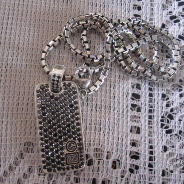 Colliers Bijoux en Argent Sterling 925 Chevron Diamants Noirs Dog Tag Collier Design Bijoux Pendentif Homme Neklace