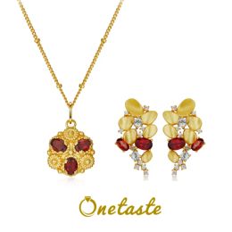 Colliers 925 Ensembles de bijoux de luxe Garnet de pierre naturelle sterling avec collier pendentif à fleurs et boucles d'oreilles pour femmes cadeaux