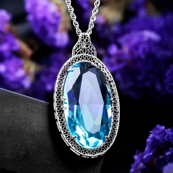 Colliers 925 Pensemblants en argent sterling pour les femmes Vintage Ovale Aquamarine Gemstone Pendant Collier gothique gothique