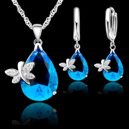 Kettingen 925 Sterling Silver Stamp Bridal Sieraden Set Water Drop Dragonfly CZ Crystal Woman Girl Engagement Anniversary Necklace Earring