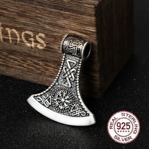 Colliers 925 argent sterling viking Viking Vegvisir Rune et Collier de hache à nœuds celtique avec collier de quille et chaîne en cuir et boîte en bois comme cadeau