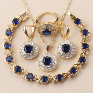 Colliers africain 18 carats à or 18 km Collier de costume de mariée et boucles d'oreilles Blue Cubic Zirconia Bijoux pour femmes Mariage de luxe