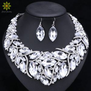 Colliers Perles africaines Promotion Bijoux de mariage Collier en cristal et boucles d'oreilles plaquées en argent pour femmes ensembles de bijoux de mariée 7Colors