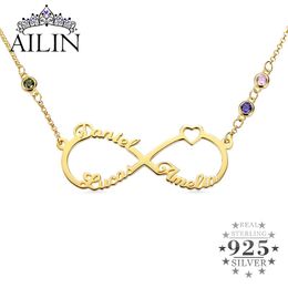 Colliers AILIN Infinity collier personnalisé avec 3 noms pierre de naissance coeur 925 Sterling réel argent femmes bijoux de noël cadeaux personnalisés