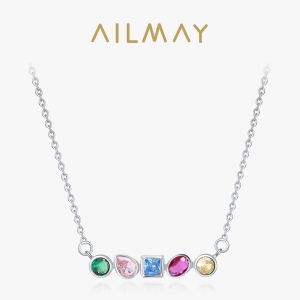 Kettingen Ailmay Luxe Shining Rainbow CZ Geometrisch ontwerp Pendant Real 925 Sterling Silver Chain Necklace for Women Wedding Fine Jewelry