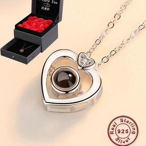 Colliers Amxiu Projection 100 langues je t'aime 100% 925 argent pendentif collier pour femmes filles collier saint valentin cadeau bijoux