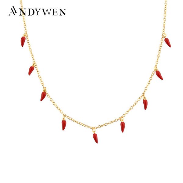 Collares ANDYWEN 925 Plata de ley 2021 Oro Rojo Chile Picante Encanto Gargantilla Collar de cadena larga Joyería fina Boda Rock Punk Fiesta