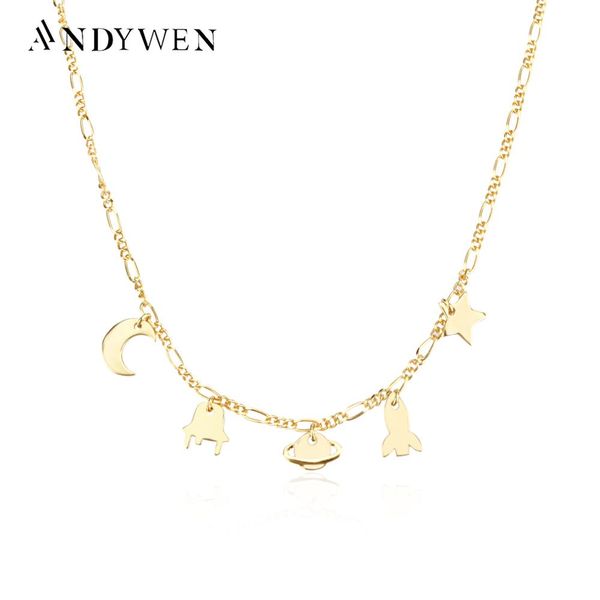 Collares ANDYWEN 925 Plata esterlina Oro Luna Estrella Global Charm Gargantilla Collar de cadena larga 2021 Rock Punk Mujeres Joyería de boda Regalo