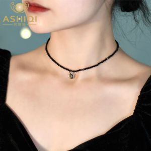 Collares ASHIQI Super lindo gato Plata de Ley 925 collar de espinela negra Concha gato negro joyería de moda para mujeres